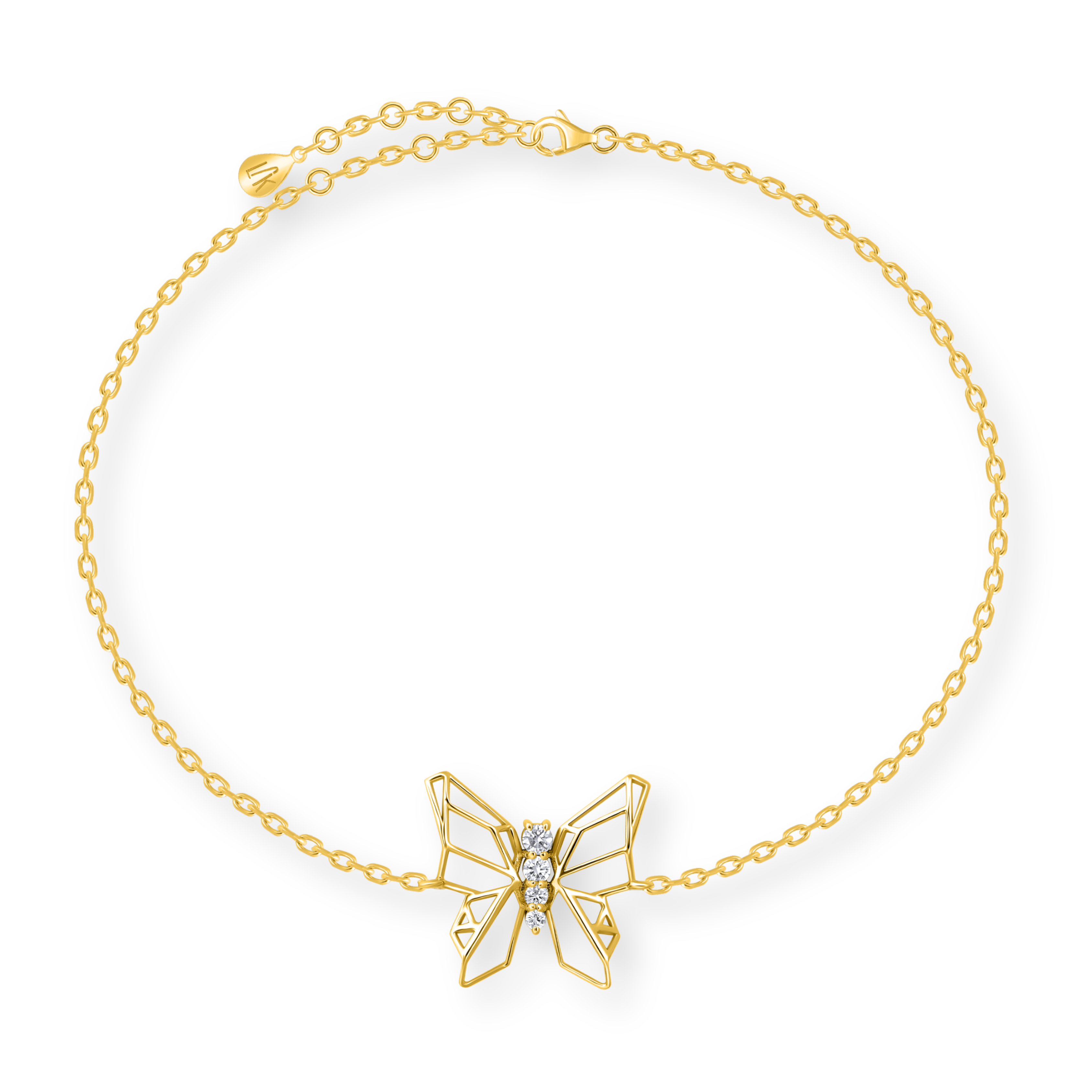 Gold butterfly necklace on a white background