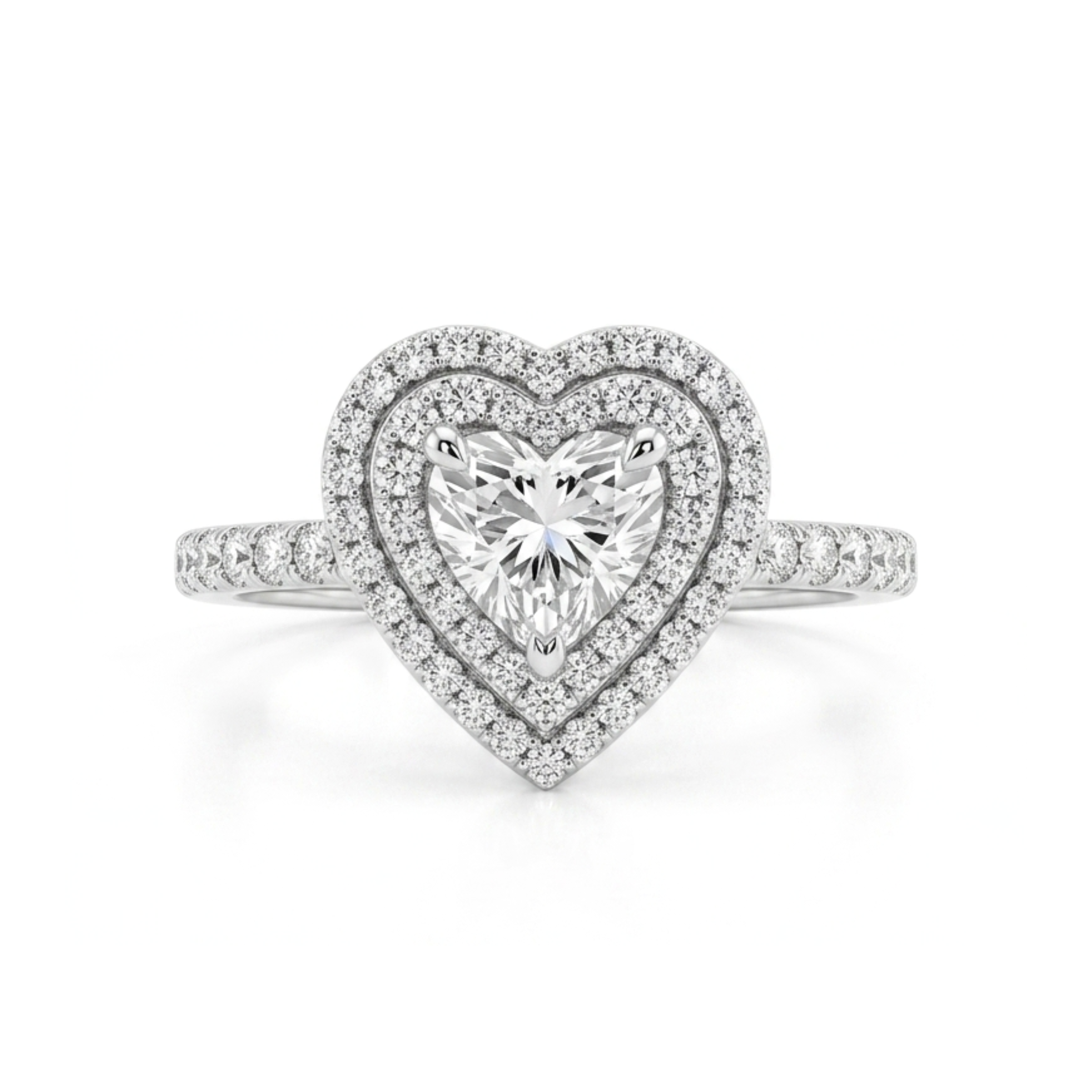 Heart-shaped diamond ring on a white background