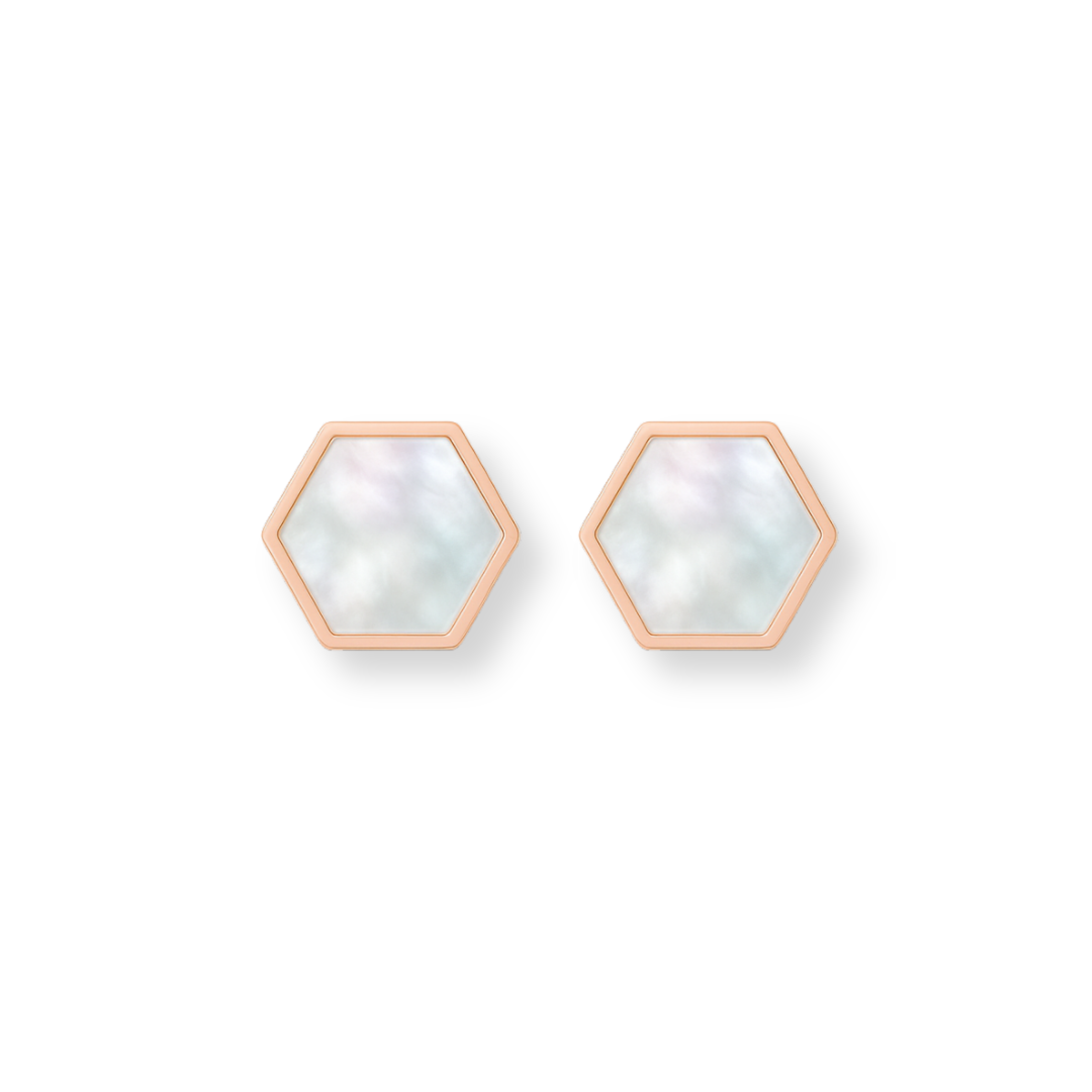 Hexagonal earrings with rose gold frames on a white background