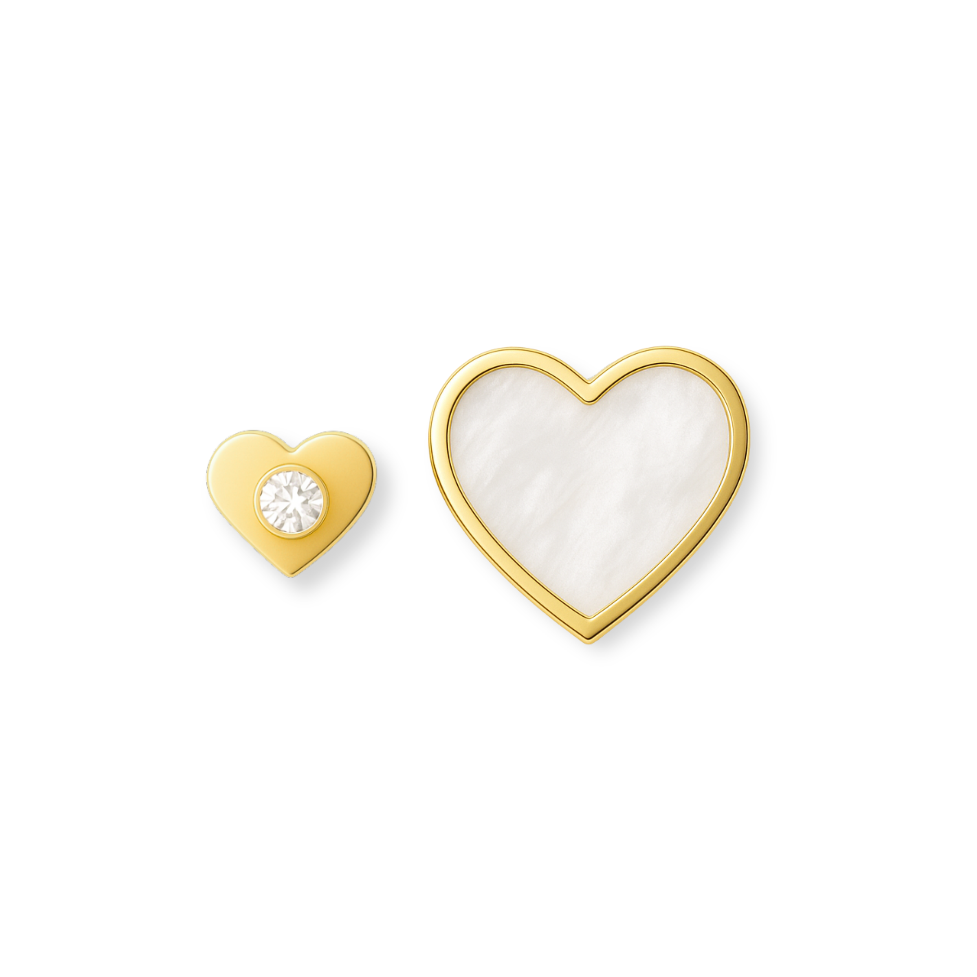 Heart-shaped earrings with gold and central diamond on a white background