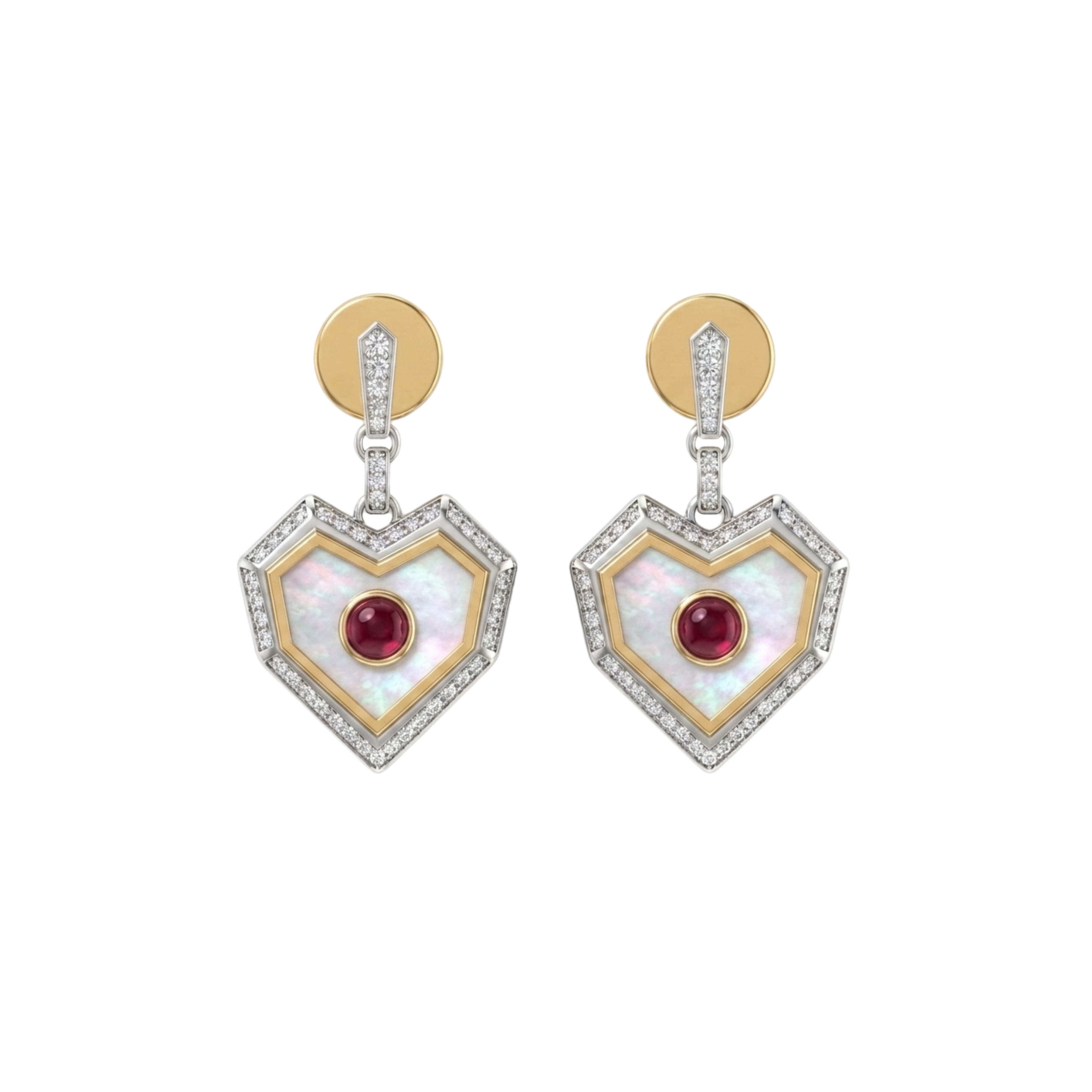 A pair of gold and silver heart-shaped drop earrings featuring iridescent mother-of-pearl inlays, a central red gemstone, and pavé-set clear crystals, shown on a plain white background.