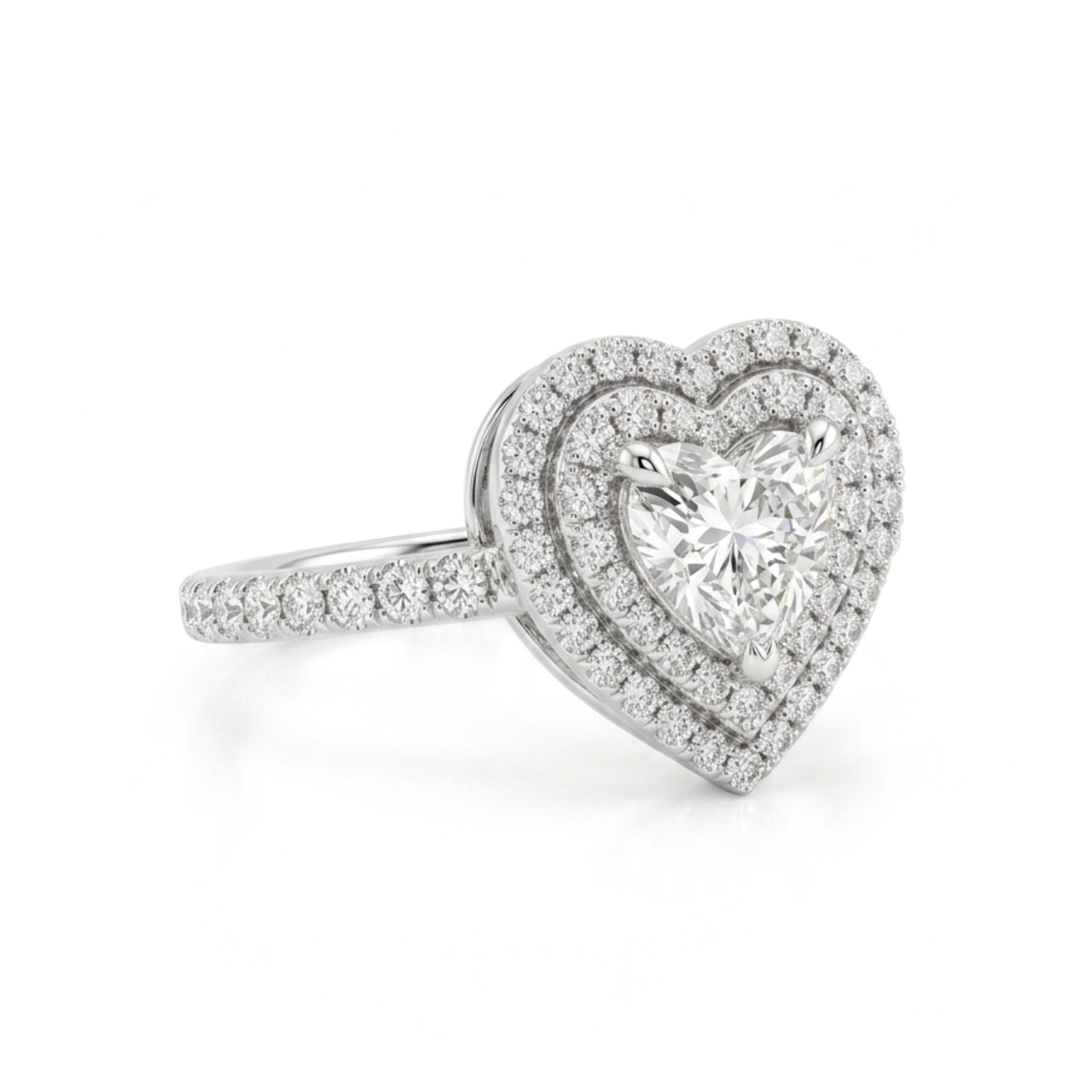 Heart-shaped diamond ring on a white background