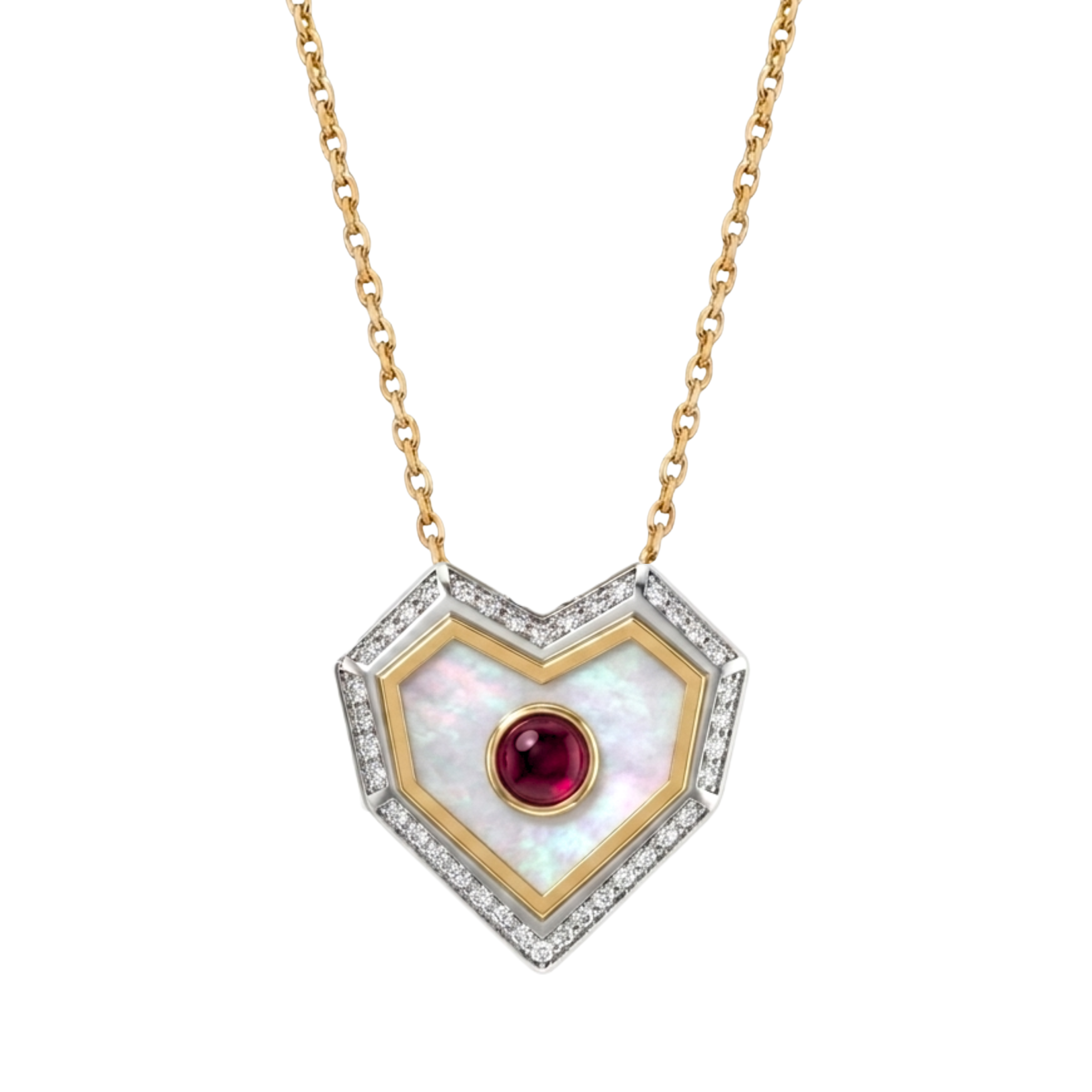 A heart-shaped pendant necklace featuring a white iridescent mother-of-pearl center, a round deep red ruby gemstone, and a double-layered diamond halo in yellow gold and white gold, suspended from a delicate yellow gold chain against a plain white background.