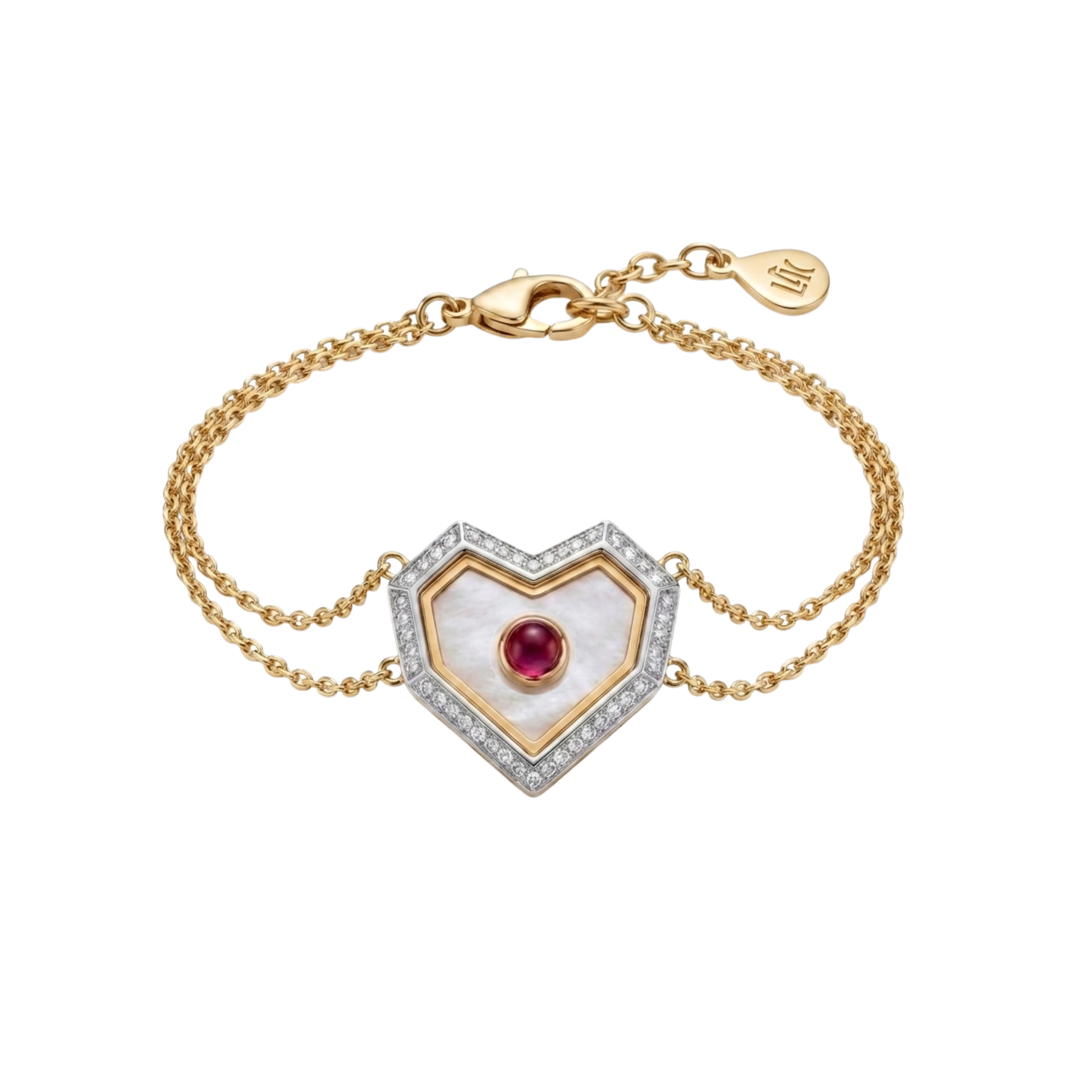 A gold double-chain bracelet featuring a heart-shaped center charm with a white mother-of-pearl background, a central red gemstone, and a border of small clear stones, shown on a plain white background.