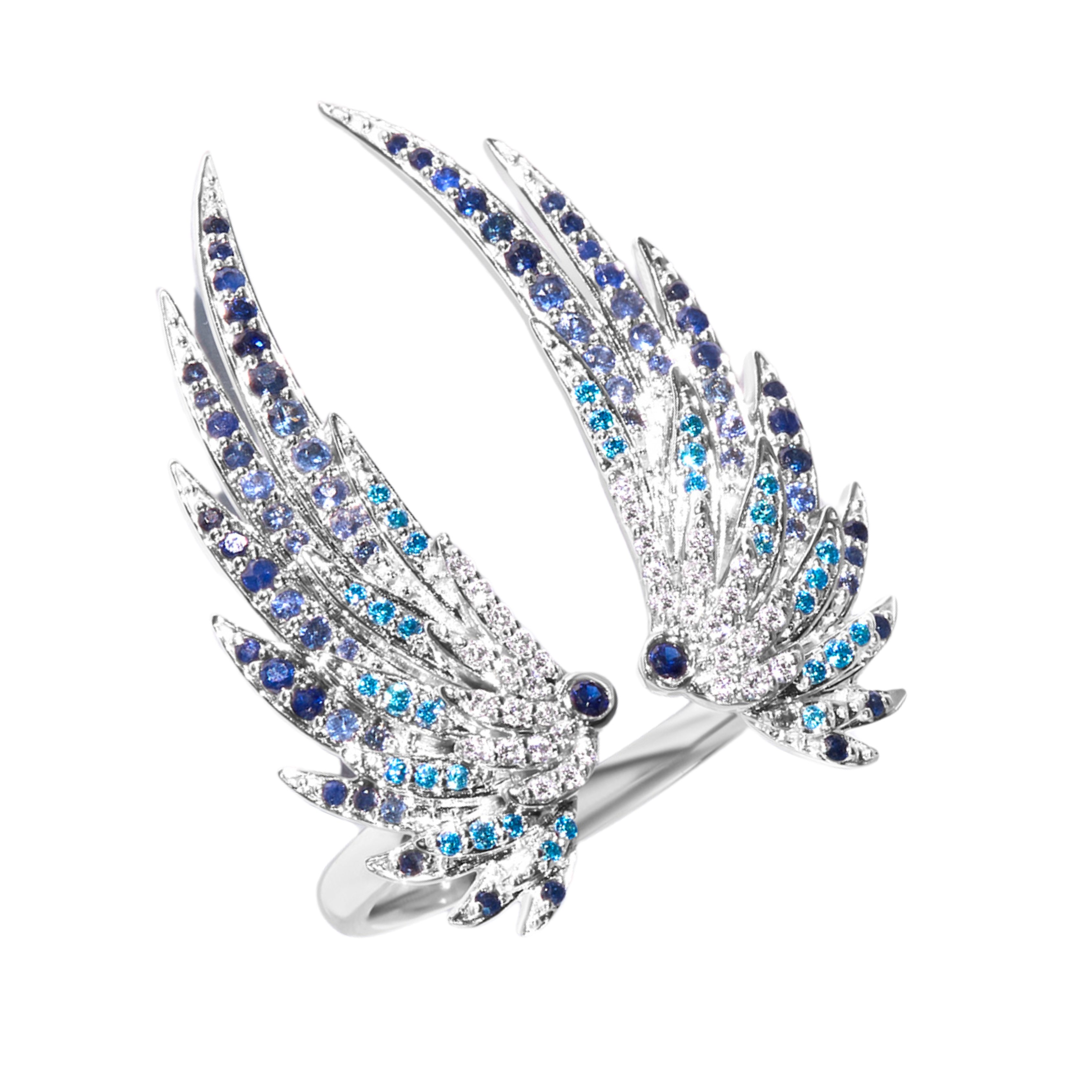 A silver-toned wing-shaped ring featuring pavé set Sapphire  and diamond stones, with a small blue gemstone accent at the center, shown on a plain white background.